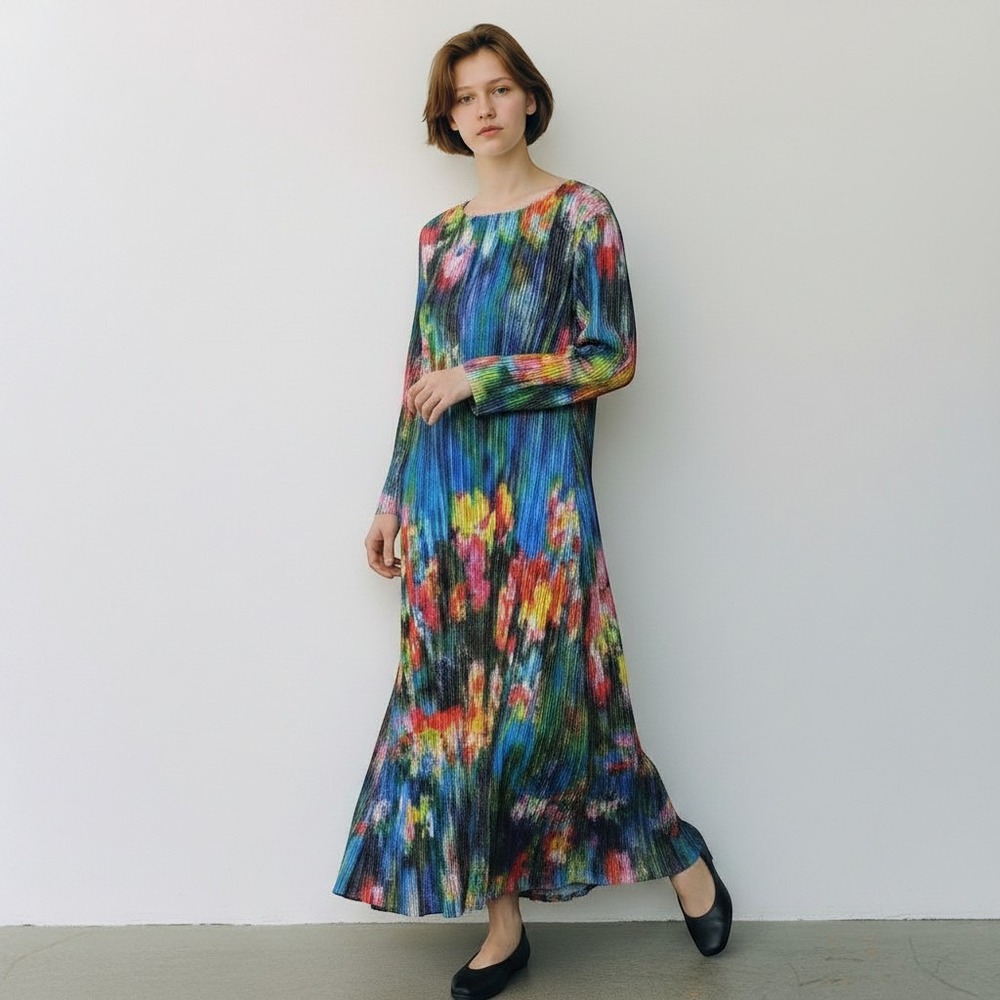 Vtg UBU Garden Floral Midi Dress Blue Abstract Pleats Plisse Please Small